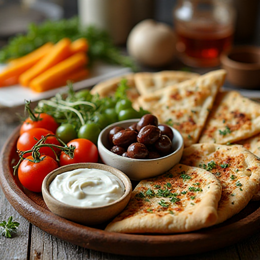 Authentic Greek mezze platter with hummus, tzatziki, olives, and warm pita bread