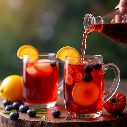 Mediterranean sangria with fresh fruits being poured into glasses