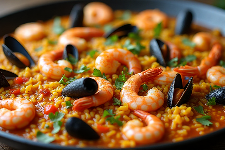 Colorful Mediterranean seafood paella with shrimp, mussels, and saffron rice served in a traditional pan