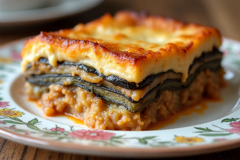 Traditional Greek moussaka with layers of eggplant, potato, and béchamel sauce on a decorative plate