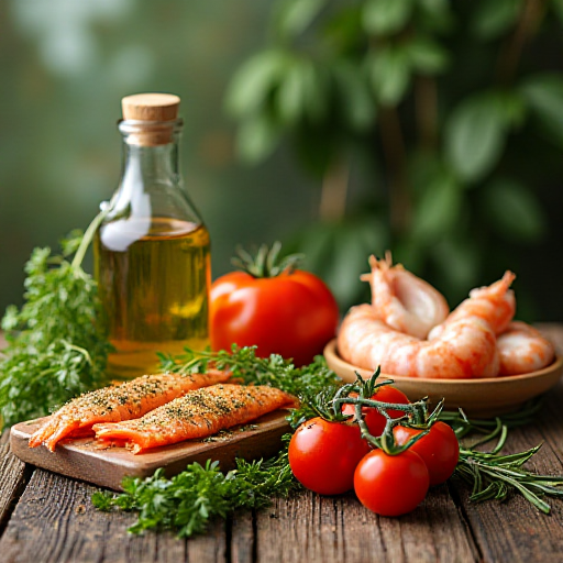 Mediterranean ingredients including olive oil, fresh herbs, tomatoes, and seafood arranged on a rustic wooden table